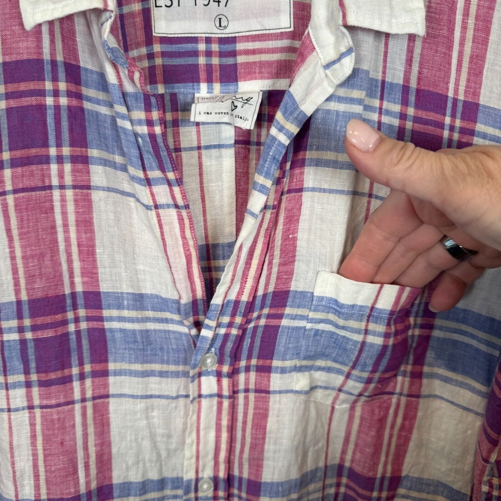 Frank & Eileen Barry Large Pink Purple White Linen Relaxed Button-Up Shirt Italy - Picture 6 of 12